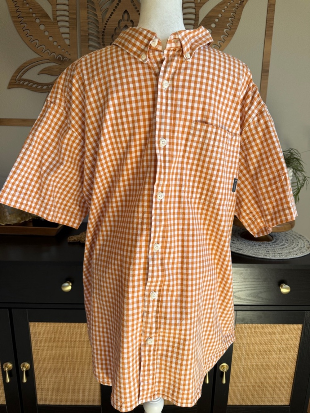 Columbia Sportswear Orange Gingham Button Down Shirt XL Regular Fit Short Sleeve
